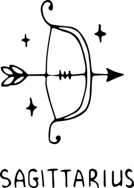 Zodyak burcunun temsili yay burcu Doodle 'ın gücünde, izole edilmiş beyaz bir arkaplanda siyah bir özet. Astroloji, mistisizm, kehanet, burçlar. Kullanılabilir.