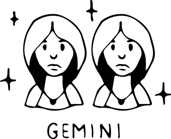 Vector illustration of the zodiac sign Gemini in the power of Doodle, black outline on an isolated white background. The concept of astrology, mysticism, divination, horoscopes. Can be used for books — Stock Vector