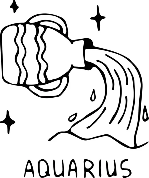 Doodle 'ın gücünde Kova burcunun vektör çizimi, izole edilmiş beyaz arka planda siyah ana hat. Astroloji, mistisizm, kehanet, burçlar. Kullanılabilir.