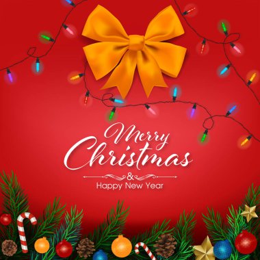 Kırmızı arka planda gerçekçi görünen Noel Ağacı dalları olan bir arka plan. Broşür tasarım şablonu, Kart, Sancak, illüstrasyon.