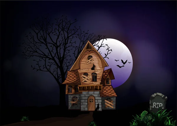 お化け屋敷 コウモリと墓地 イラスト付きのハロウィーンの背景 — ストック写真