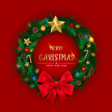 Yıldız, çam kozalakları ve yanıp sönen ışıklarla süslenmiş Çam ağacından yapılmış gerçekçi Noel Çelenkleri ile arka plan. Broşür tasarım şablonu, Card, Banner. resimleme.