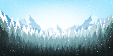 Mavi arka planda kar ve ağaçlı bir Noel posteri. Mutlu yıllar mesajı. Vektör illüstrasyonu.