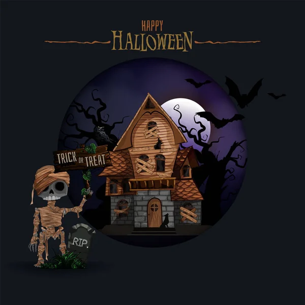 Halloween Background Haunted House Bats Graveyard Mummy Vector Illustration Copy — Stock Vector