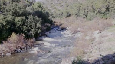 Nehir yatağındaki kayaların üzerinden hızla akan temiz su yemyeşil bir orman ve tepelerle çevrilidir.