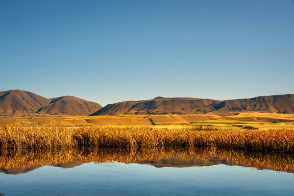 Mirror reflections on one of the two small Maori Lakes on the Hakatere Heron Road in the Haketere Conservation park Ashburton lakes district