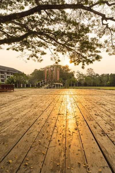 Reflexão do pôr do sol sobre o chão de madeira — Fotografia de Stock