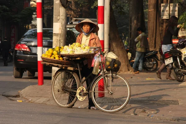 Vendeuse de rue vend des fruits de son vélo — Photo