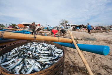 Fishermen at work in Jimbaran, Bali Island.