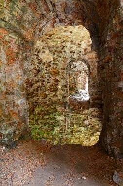 Tarakaniv (Dubno) kaleyi ve tahkimatı yıktı. Tarakanovskiy kalesi. Ukrayna. İçerideki yıkılmış kale, kemerli mahzenlerle yıkılmış tuğla kazanlar. Turistik bölge