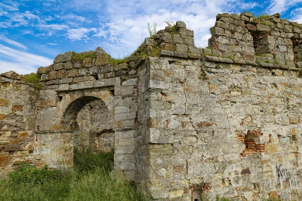 Ortaçağ Pniv kalesi, Nadvirna şehri, Ivano-Frankivsk bölgesi, batı Ukrayna. Gökyüzü arka planındaki kale duvarı. 