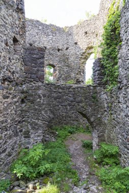 İçinde Ortaçağ Nevytsky (Nevytske) şatosu kalıntıları var. Transcarpathian bölgesi. Ukrayna. Turizm beldesi, turizm beldesi