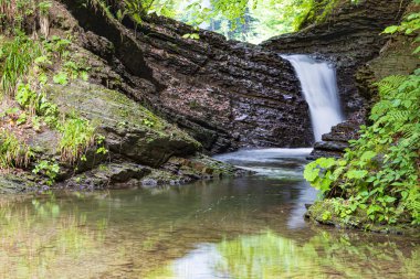 Orman nehrinin çağlayan akıntısı ile birlikte doğa manzarası. Karpatlar 'ın TransCarpathia Lumshory köyü yakınlarındaki Turichka Nehri' ndeki Şelale Krutylo. Ukrayna.