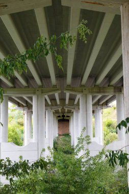 Yeşil bitkilerde köprünün beyaz beton destekleri, perspektif olarak. Somut köprü yapısı