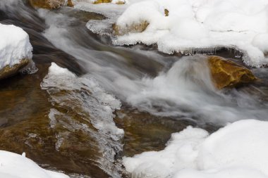 Kışın sonsuz akarsu. Buz ve karla kaplı hızlı dağ nehri.