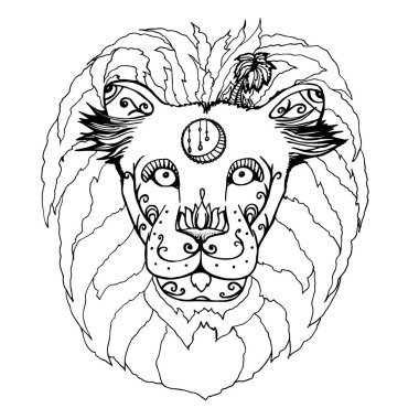  Aslan suratlı çizim. Boyama kitabı. Yetişkinler ve çocuklar için stres önleyici. İş manuel olarak yürütüldü. Siyah ve beyaz. Yazdırma, logo, dövme tasarımı.
