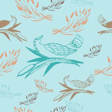  Sazlıklardan oluşan bir dalda mavi bir kuşun görüntüsü. Kusursuz desen.