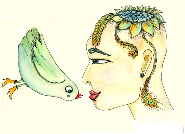 Handgezeichnete Illustration Mit Dem Kopf Eines Ethnischen Mädchens Und Einem — Stockfoto
