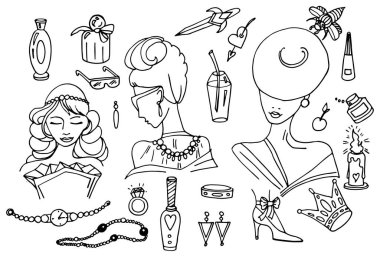 MobileA, eski moda kadın portrelerinin siluetlerinin siyah beyaz görüntülerinden oluşan bir set. Ek olarak kadınlar tuvaletinin çeşitli eşyalarının çizimlerinden oluşuyor. Moda, retro tarzı, kişisel bakım teması üzerine tasarım.