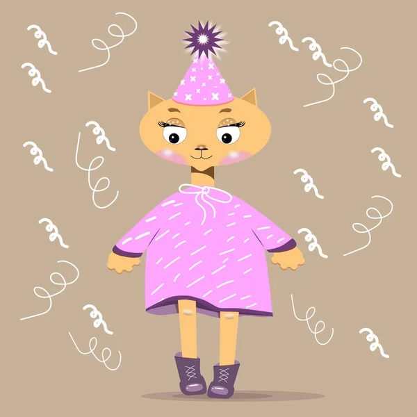 Illusztráció Egy Aranyos Boldog Cica Megy Egy Születésnapi Ünnep Üdvözlőlap — Stock Fotó