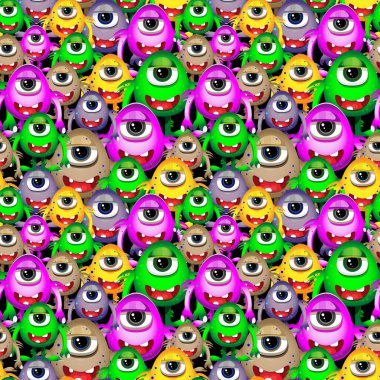 Oyuncak bir canavarın resimli komik desenleri. Kumaş, duvar kağıdı, ambalaj kağıdı, arkaplan, kırtasiye için tasarım.