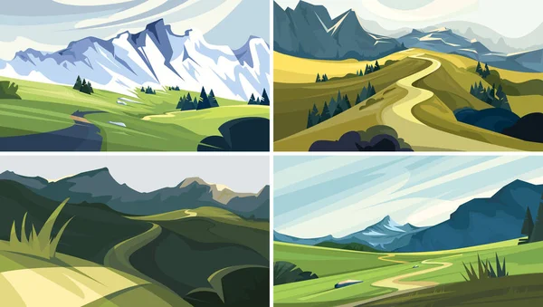 Collection Paysages Naturels Belles Routes Montagne — Image vectorielle