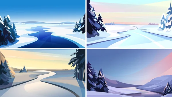 Колекція Річкових Пейзажів Красиві Зимові Пейзажі — стоковий вектор