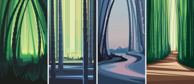  Bambu ormanları koleksiyonu. Dikey yönelimde doğa manzaraları.