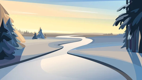 Заморожена Річка Заході Сонця Красиві Зимові Пейзажі — стоковий вектор