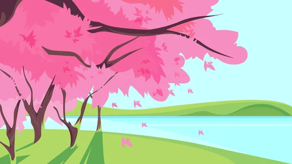 Sakura in fiore sulla riva del fiume. — Vettoriale Stock