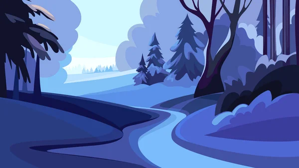 Camino en el bosque de invierno al atardecer . — Vector de stock