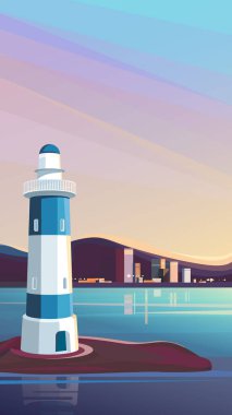  Şehrin arka planındaki deniz feneri. Dikey yönelimde kentsel manzara.