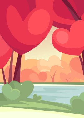 Nehir kenarında kalp şeklinde ağaçları olan bir orman..