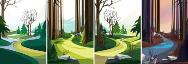  Bahar ormanlarında yolu olan manzaralar. Dikey yönelimde doğa manzaralarının toplanması.