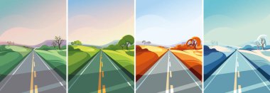  Yılın farklı zamanlarında yol. Dikey yönelimde açık hava sahneleri.