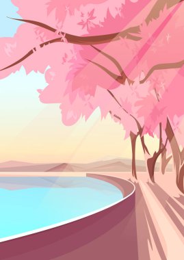 Göl kıyısında çiçek açan sakura.