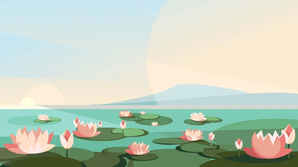 Paisaje con lotos en el río. — Vector de stock