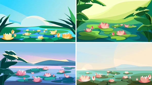 Set di paesaggi con fiori di loto. — Vettoriale Stock