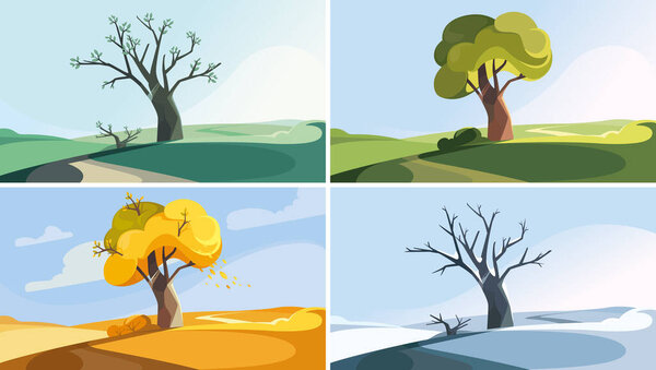 Tree on the hill in different seasons. Collection of nature landscapes.
