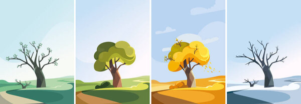  Tree on the hill in different seasons. Collection of nature landscapes in vertical orientation.