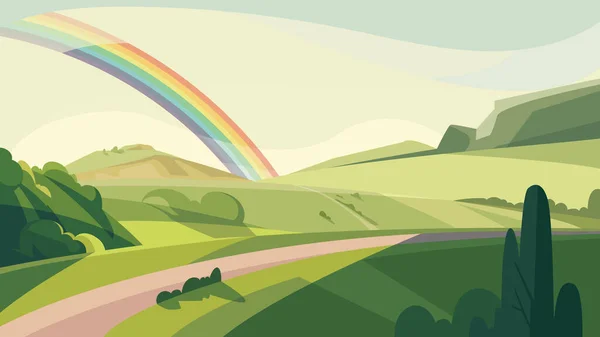 Paisagem com colinas e arco-íris. — Vetor de Stock