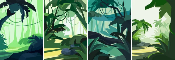 Conjunto de paisajes con bosque tropical. — Vector de stock
