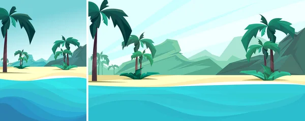 Costa oceanica con palme e montagna. — Vettoriale Stock