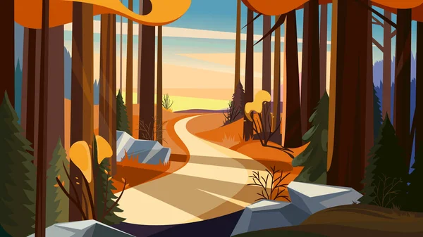 日没の秋の森の道. — ストックベクタ