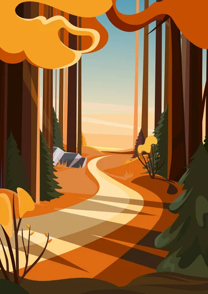 Route en forêt d'automne au coucher du soleil. — Image vectorielle