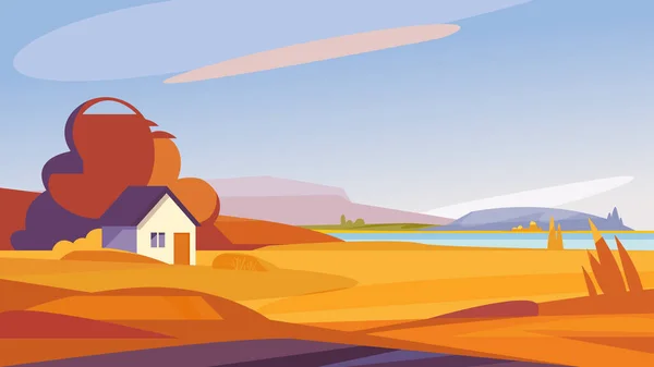 Paisaje otoñal con casa en la orilla del río. — Vector de stock