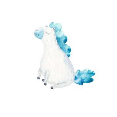 cute pony with a turquoise mane sits on the butt, childrens watercolor illustration on a white background, kids room decor, print