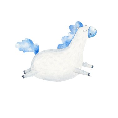 Mavi yeleli şirin bir midilli, beyaz arka planda suluboya resimler, çocuk odası dekoru, parmak izi.