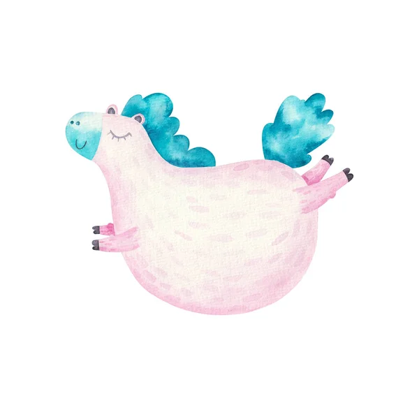 Söt Saga Rosa Ponny Med Blå Man Hoppa Barn Akvarell — Stockfoto