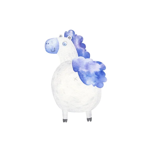 Cute Pony Purple Mane Stands Backwards Childrens Watercolor Illustration White — Stock Photo, Image